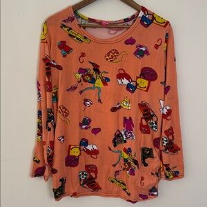 Yilia Fashion Collection funky orange novelty print sweater soft casual fun LG